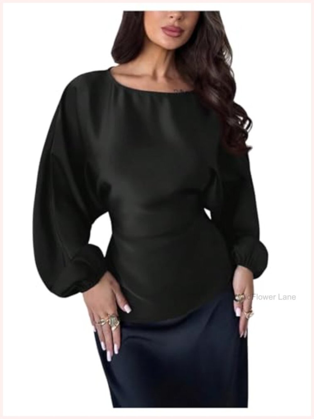 Long Sleeve Satin Blouse Round Neck Cinched Waist Tie Back Women's Shirt